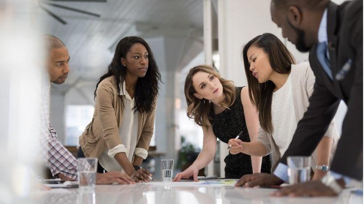 People sitting and talking in a meeting